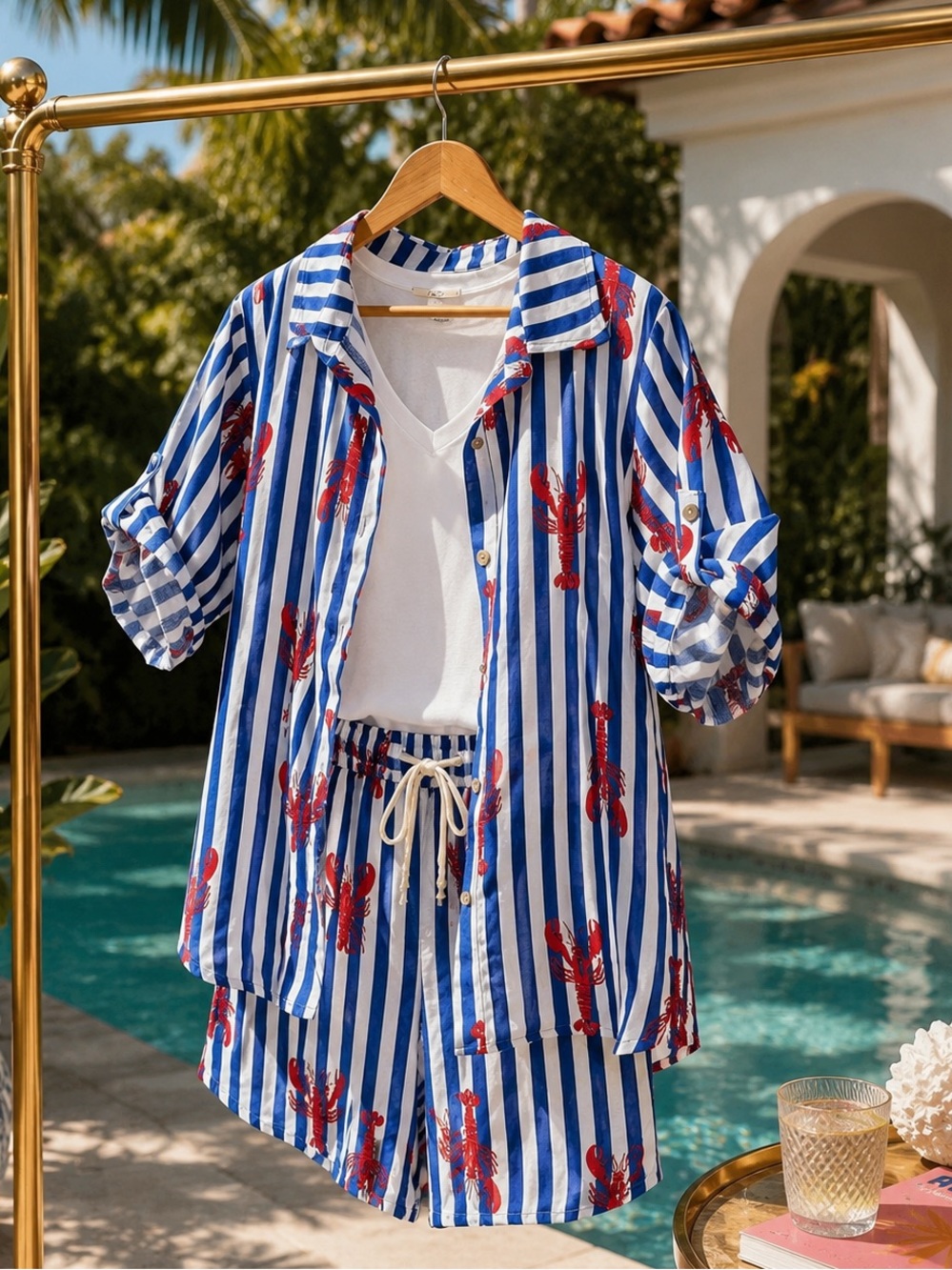 Made in Italy Blue & White Striped Lobster Print Shirt and Shorts Set OS